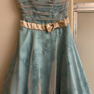 Girls' Light Blue Sparkle Floral Party Dress with Satin Bow
